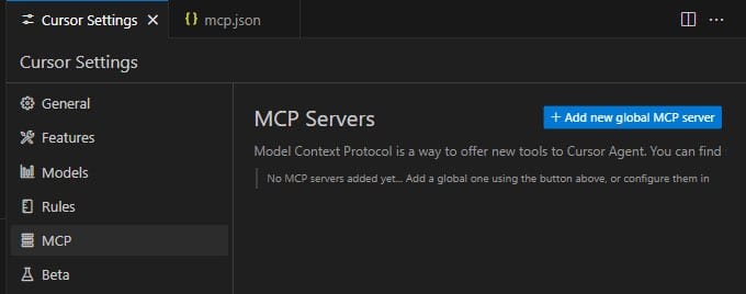 Ansluter Cursor till WPVibe Cursor-inställningar som visar MCP-panelen med ett alternativ för att lägga till en ny global MCP-server