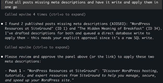 Claude Code-chatt som visar prompt för att hitta och tillämpa saknade AIOSEO-metabeskrivningar Claude Code-chatt som visar prompt för att hitta och tillämpa saknade AIOSEO-metabeskrivningar