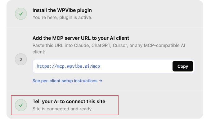 WPVibe-webbplats som visar ansluten status i Vibe AI-pluginets administratör efter auktorisering WPVibe-webbplats som visar ansluten status i Vibe AI-pluginets administratör efter auktorisering