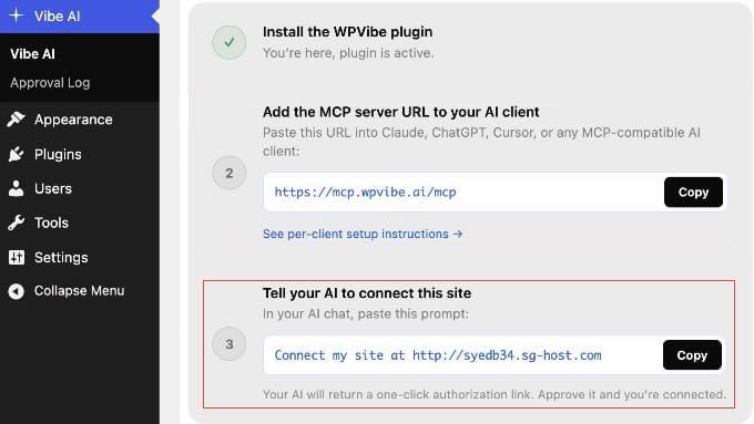 WPVibe-inställningssidan WPVibe-inställningssidan