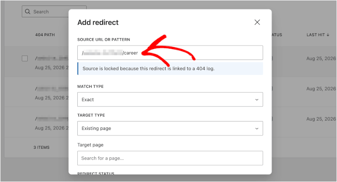 Add Redirect screen with source URL pre-filled
