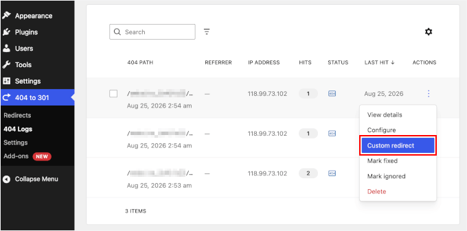 Configuring redirects in the 404 Logs tab