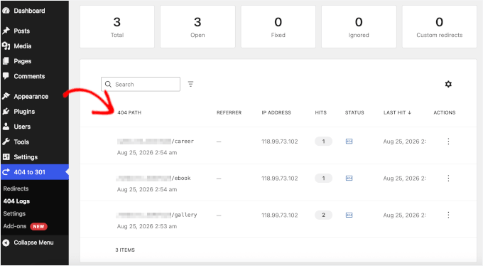 404 to 301 Logs tab showing URL, hit count, and last-hit columns