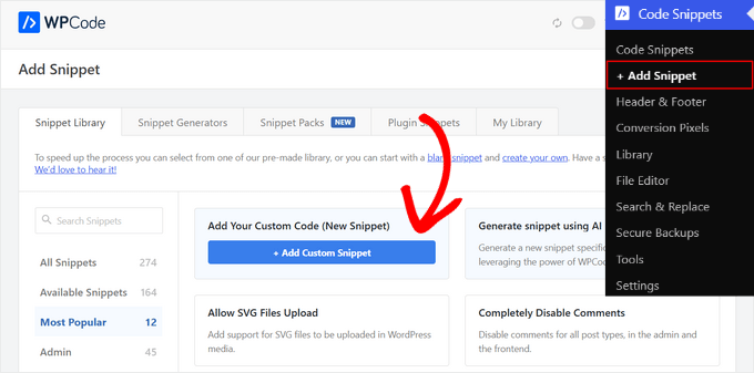 Add a new custom snippet in WPCode