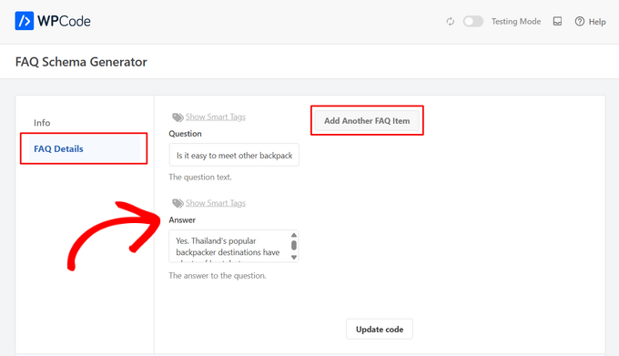 Write questions and answers in WPCode's FAQ schema generator Write questions and answers in WPCode's FAQ schema generator