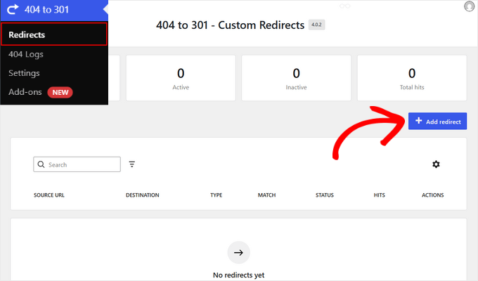 Click the'Add redirect' button to create a new redirect