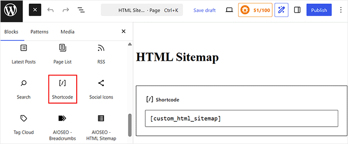 Adăugați shortcode pentru adăugarea hărții site-ului HTML