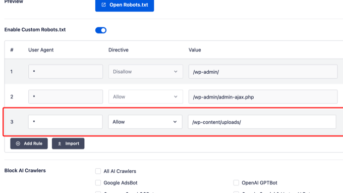 Adăugarea unei reguli personalizate în editorul robots.txt All in One SEO Adăugarea unei reguli personalizate în editorul robots.txt All in One SEO