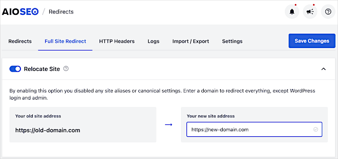 AIOSEO full site redirect
