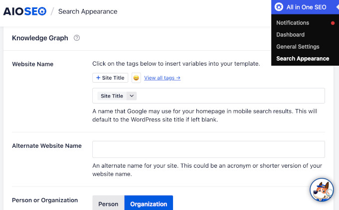 AIOSEO Knowledge Graph settings