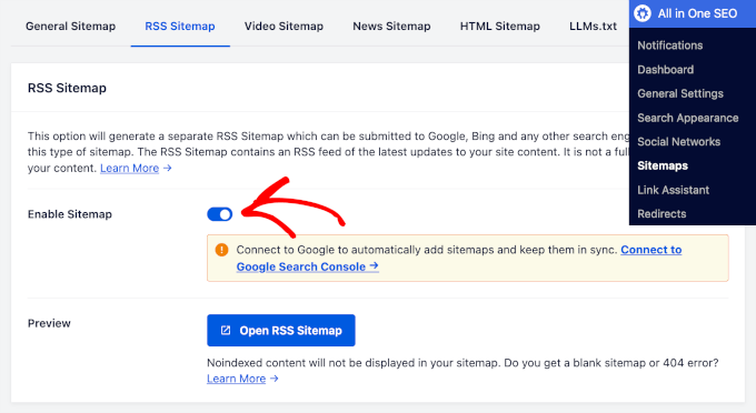 WordPress RSS Sitemap Setting in AIOSEO WordPress RSS Sitemap Setting in AIOSEO