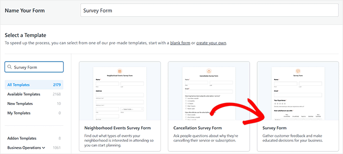 Choose a suitable survey template in WPForms