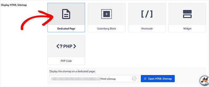 Alegeți opțiunea Pagină dedicată pentru a afișa harta site-ului HTML în AIOSEO