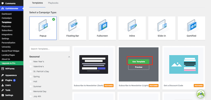 Alegerea unui șablon de popup gata făcut Dashboard-ul OptinMonster care afișează pictograme de tip șablon (Popup, Bară flotantă, Ecran complet, Inline, Slide-in, Gamified) și o grilă de șabloane cu previzualizări.