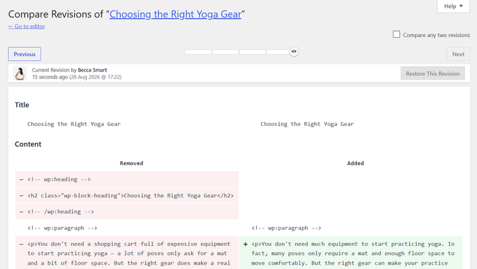 Classic revisions screen in WordPress Classic revisions screen in WordPress