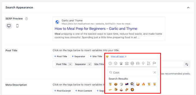 Alegerea unui emoji pentru a adăuga la titlul SEO folosind AIOSEO Alegerea unui emoji pentru a adăuga la titlul SEO folosind AIOSEO