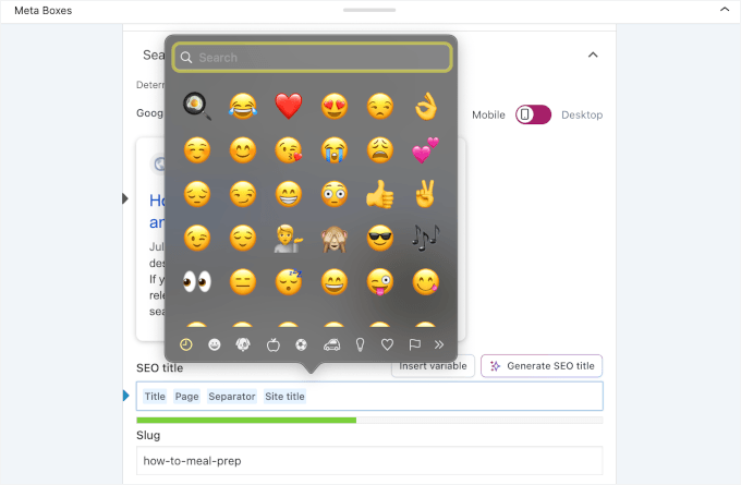 contenteditor-yoast-adding-emoji-using-keyboard-shortcut Adăugarea unui emoji la titlul SEO folosind scurtătura de la tastatură