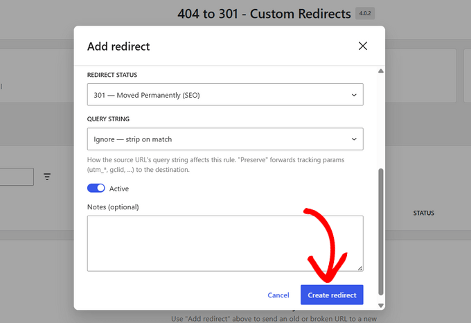 Click the'Create redirect' button