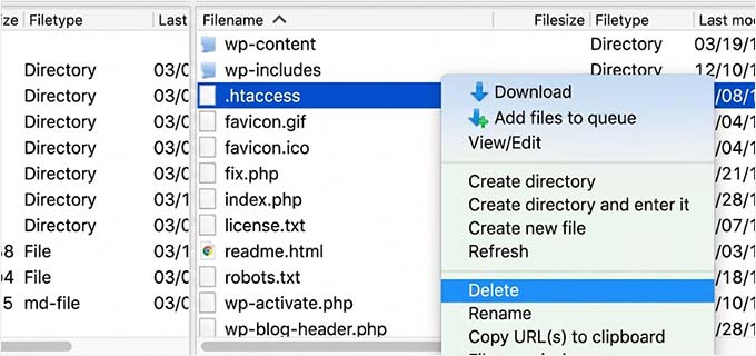 Ștergeți fișierul .htaccess în WordPress
