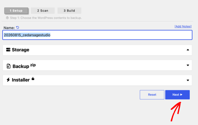 Duplicator backup setup step with an automatically assigned backup name