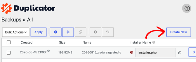 Creating a new backup in Duplicator