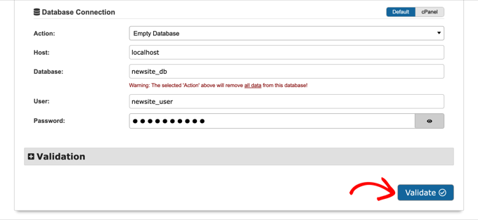 Enter database details