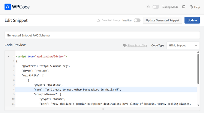 Edit snippet screen in WPCode Edit snippet screen in WPCode