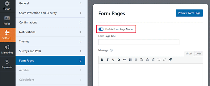 Enable Form Page Mode in WPForms