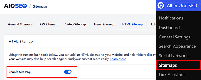Activați harta site-ului HTML în AIOSEO