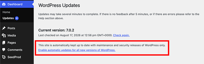 Activați actualizările automate pentru toate versiunile noi de WordPress
