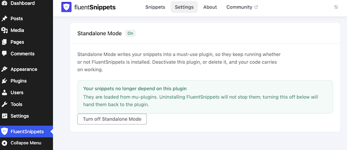 FluentSnippets WordPressプラグインのスタンドアロンモードのアクティブ化 FluentSnippets WordPressプラグインのスタンドアロンモードのアクティブ化