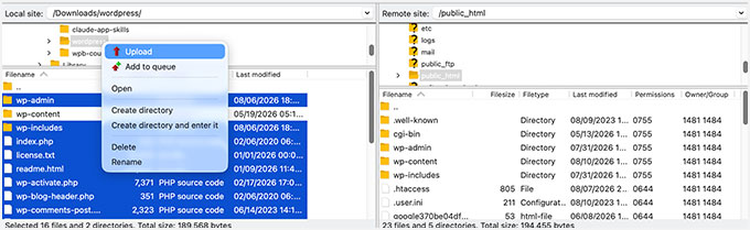 Utilizarea FTP pentru a încărca o versiune nouă de WordPress