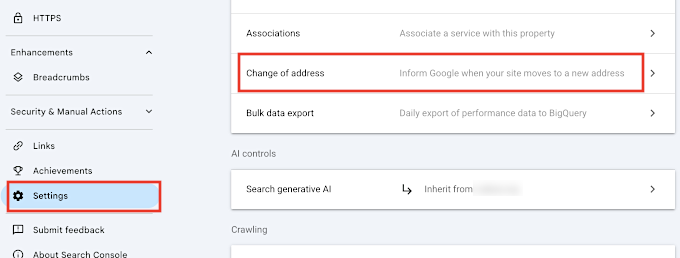 Google search console change of address setting