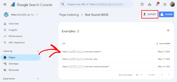 GSC Pages report with'Not found (404)' selected, showing the URL list