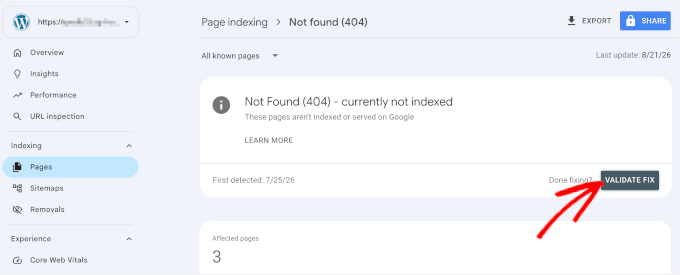 The'Validate Fix' button/flow in GSC