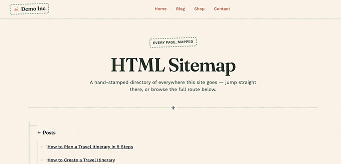 Hartă site HTML creată cu AIOSEO