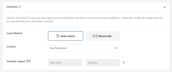 Set the insertion method in WPCode