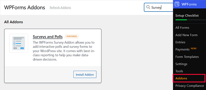 Install Surveys and Polls addon in WPForms