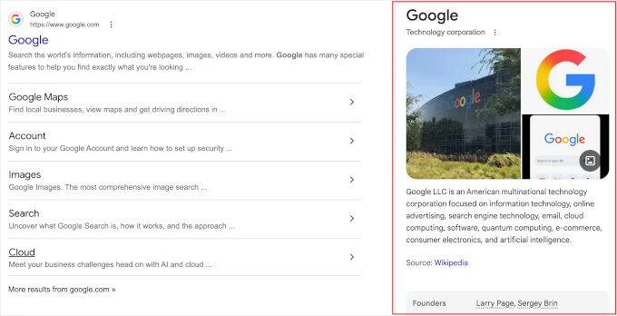 Knowledge graph answer box example Google