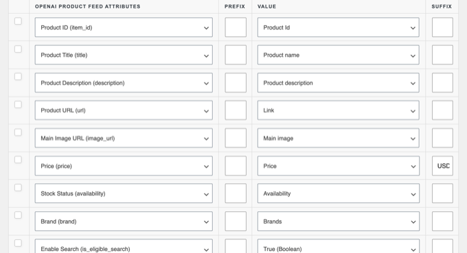 OpenAI product field mapping