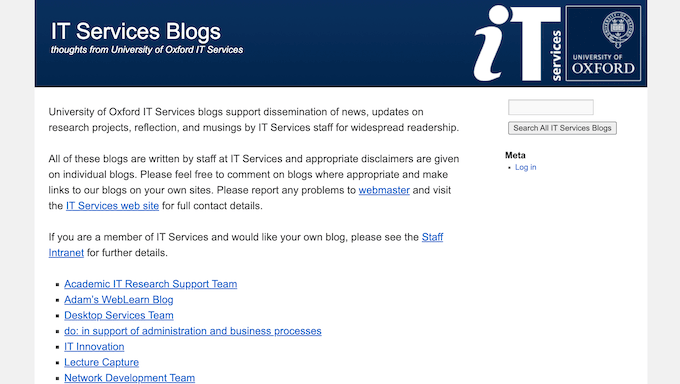 The Oxford IT Services Blogs portal, developed using WordPress