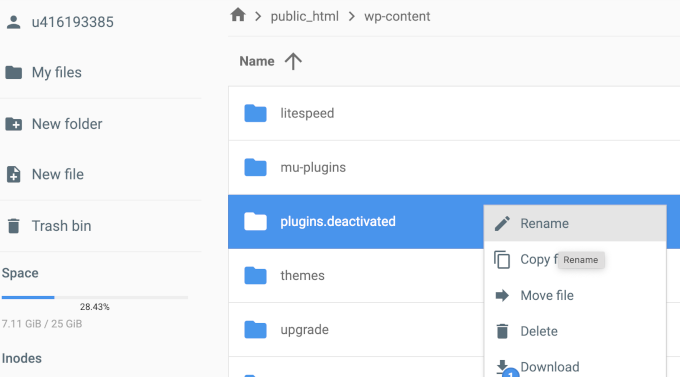 Redenumiți folderul de pluginuri pentru a dezactiva toți pluginurile WordPress Redenumiți folderul de pluginuri pentru a dezactiva toți pluginurile WordPress