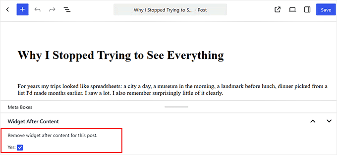 Rimuovi il widget dopo il contenuto del post da un post specifico Rimuovi il widget dopo il contenuto del post da un post specifico