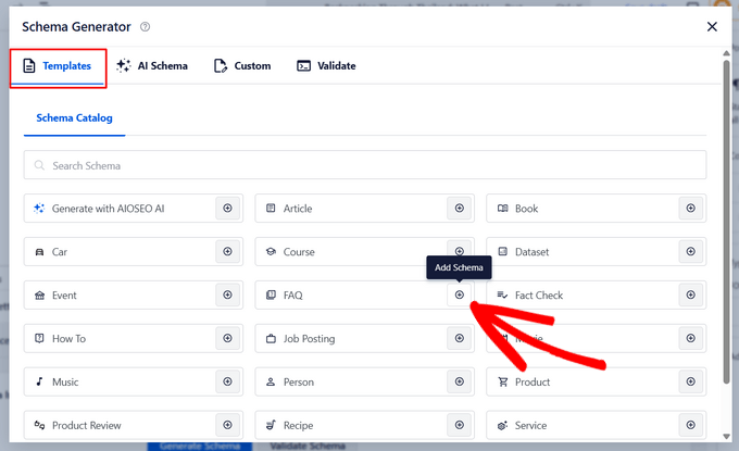 Click the FAQ option in the schema templates catalog Click the FAQ option in the schema templates catalog