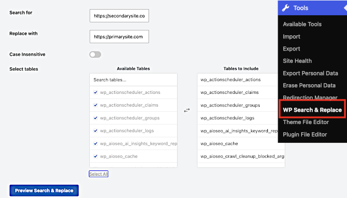 Domainnamen suchen und ersetzen Alles durchsuchen und ersetzen mit der alten Domain in „Suchen“ und der neuen Domain in „Ersetzen“