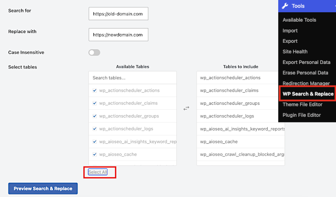 Search and replace old domain with new