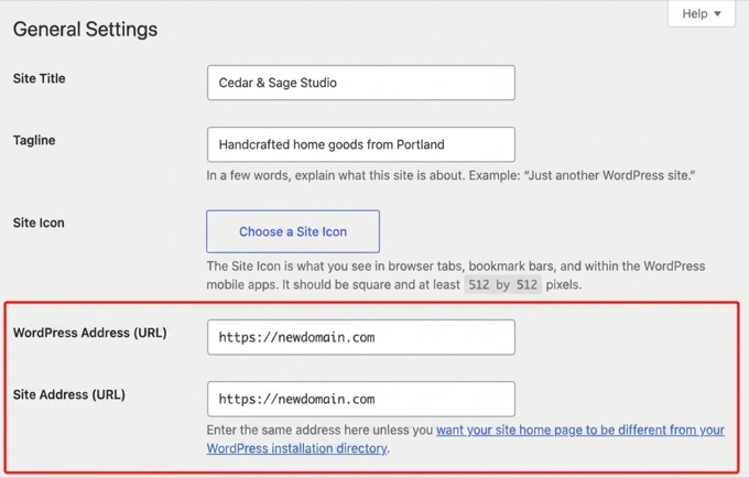 Changing the WordPress Address and Site Address fields on the Settings General page