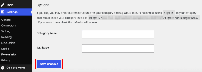 Salvare modificări în pagina permalink-urilor WordPress
