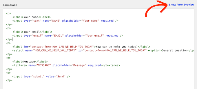 Previzualizarea formularului tău în tabloul de bord WordPress