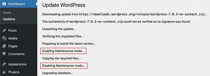 Progresul actualizării WordPress
